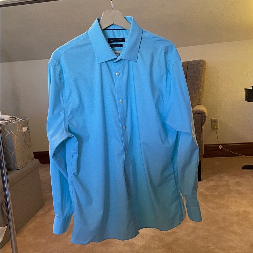 Tommy Hilfiger Men's 17 32/33 Slim Fit Stretch Shirt Long Sleeve Check Blue